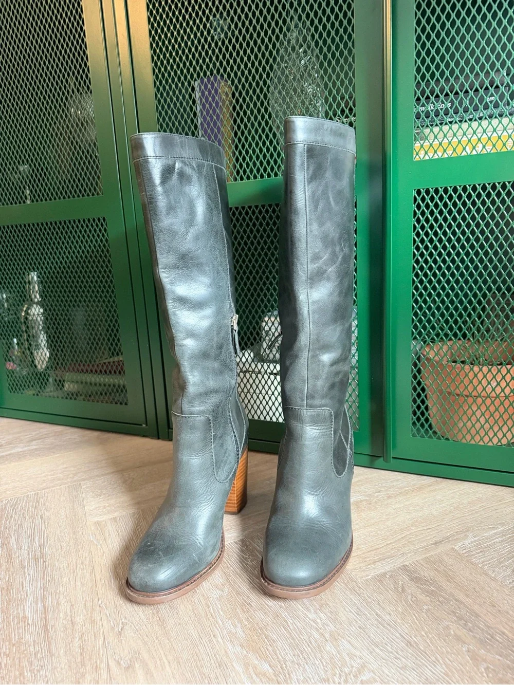 Tall Leather Knee-High Boots in Gray